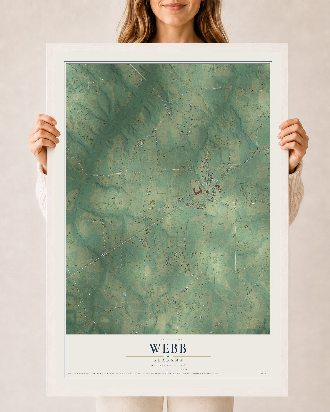 Map of Webb, Alabama, 24 x 36 inch print in a white wood frame