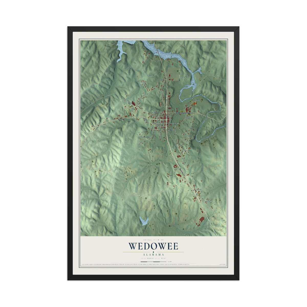 Map of Wedowee, Alabama, 12 x 18 inch print in a black wood frame