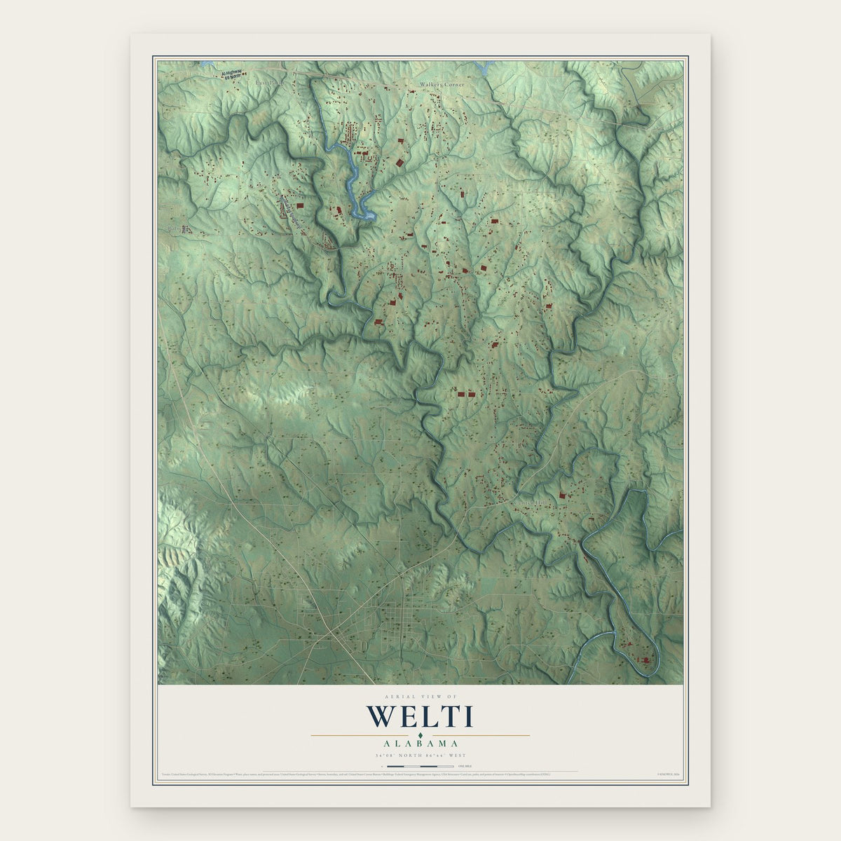 Welti, Alabama map print, the full design