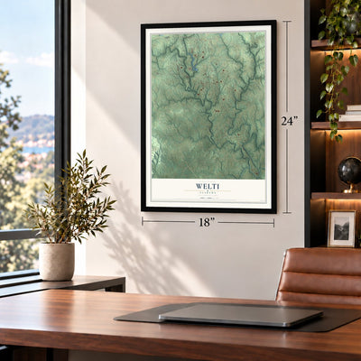 Welti, Alabama map, 18 x 24 inch print in a black frame in a home office