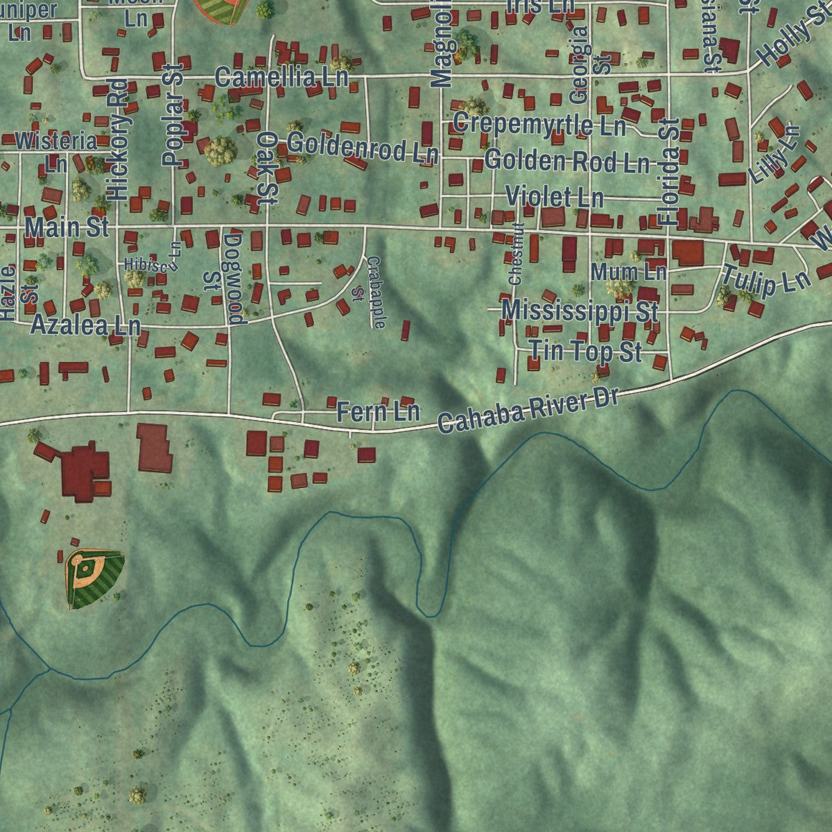 Close-up of the map of West Blocton, Alabama print showing street and building detail