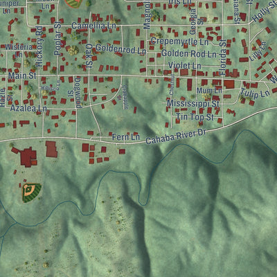 Close-up of the map of West Blocton, Alabama print showing street and building detail