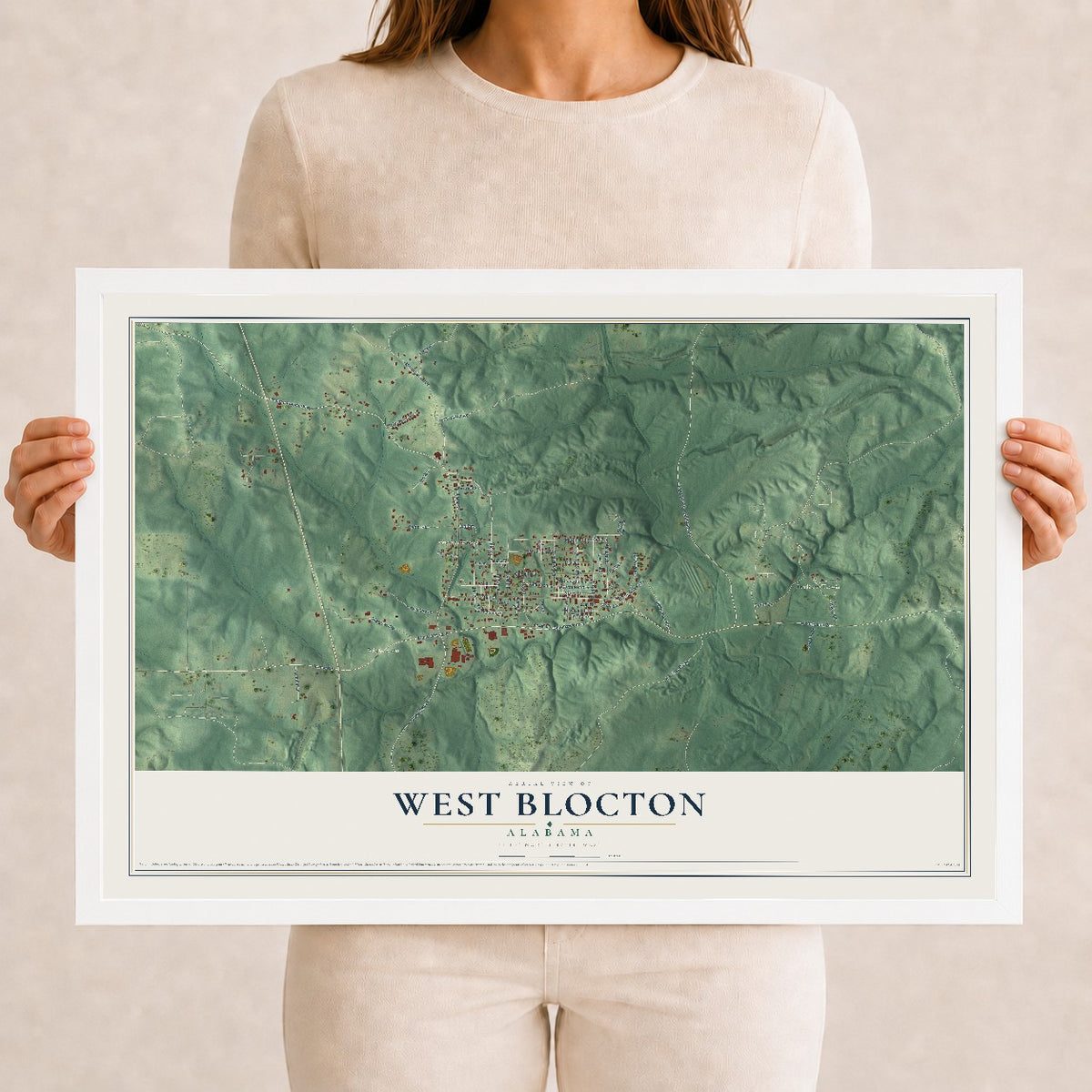 Map of West Blocton, Alabama, 12 x 18 inch print in a white wood frame