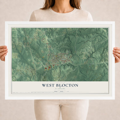 Map of West Blocton, Alabama, 18 x 24 inch print in a white wood frame