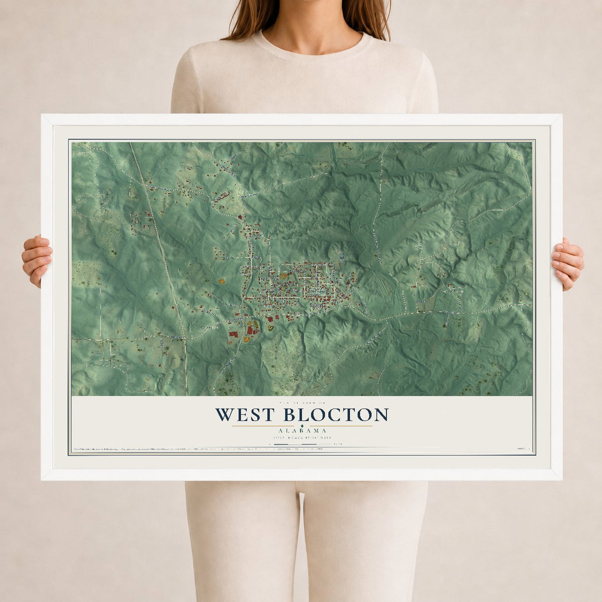 Map of West Blocton, Alabama, 24 x 36 inch print in a white wood frame