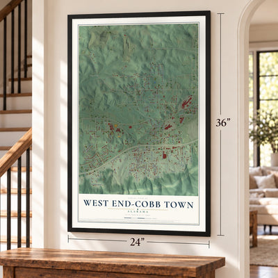 West End-Cobb Town, Alabama map, 24 x 36 inch print in a black frame by a staircase