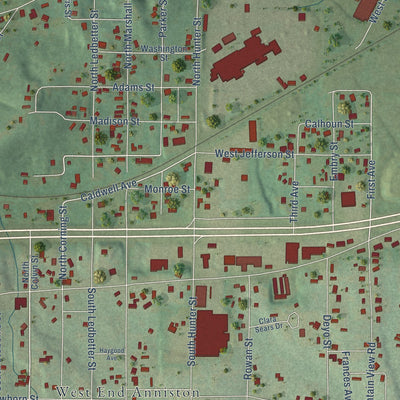 Close-up of the map of West End-Cobb Town, Alabama print showing street and building detail