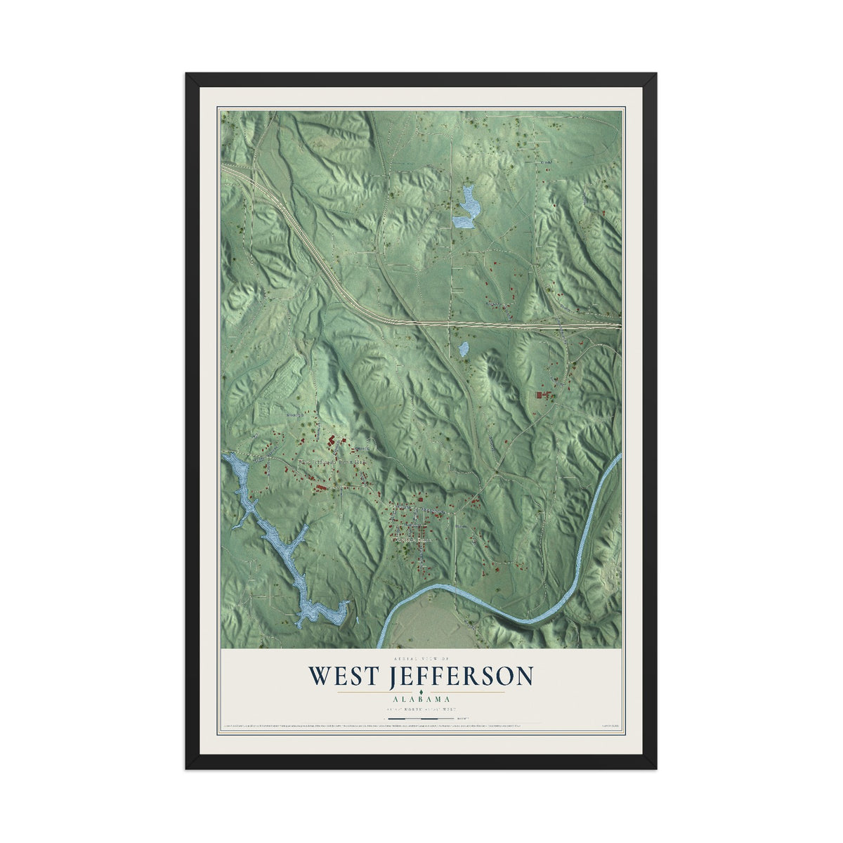 Map of West Jefferson, Alabama, 12 x 18 inch print in a black wood frame
