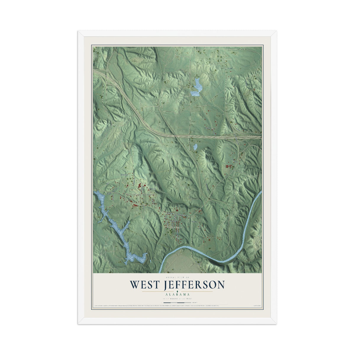 Map of West Jefferson, Alabama, 12 x 18 inch print in a white wood frame