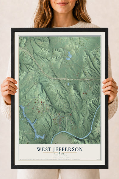 Map of West Jefferson, Alabama, 18 x 24 inch print in a black wood frame