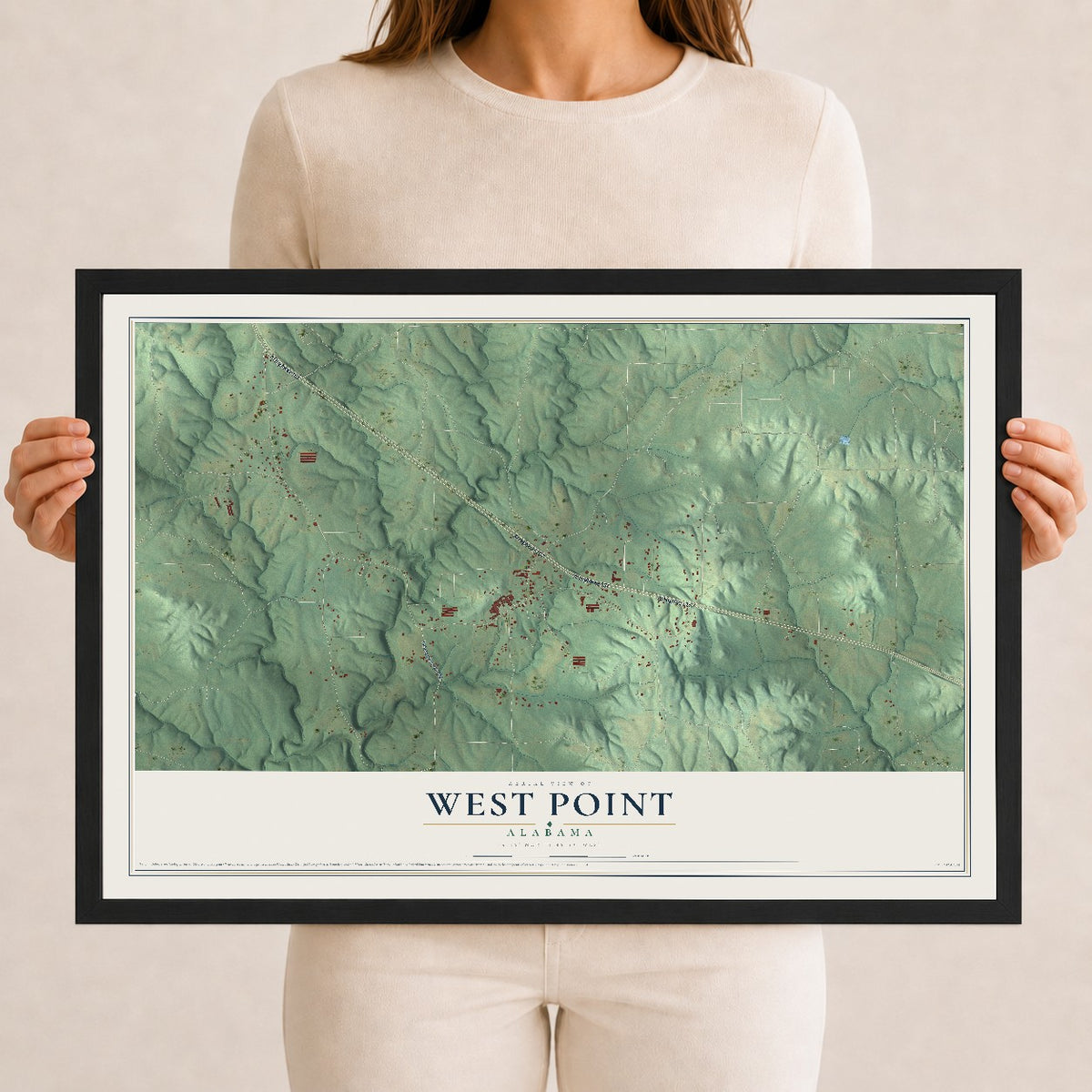 Map of West Point, Alabama, 12 x 18 inch print in a black wood frame