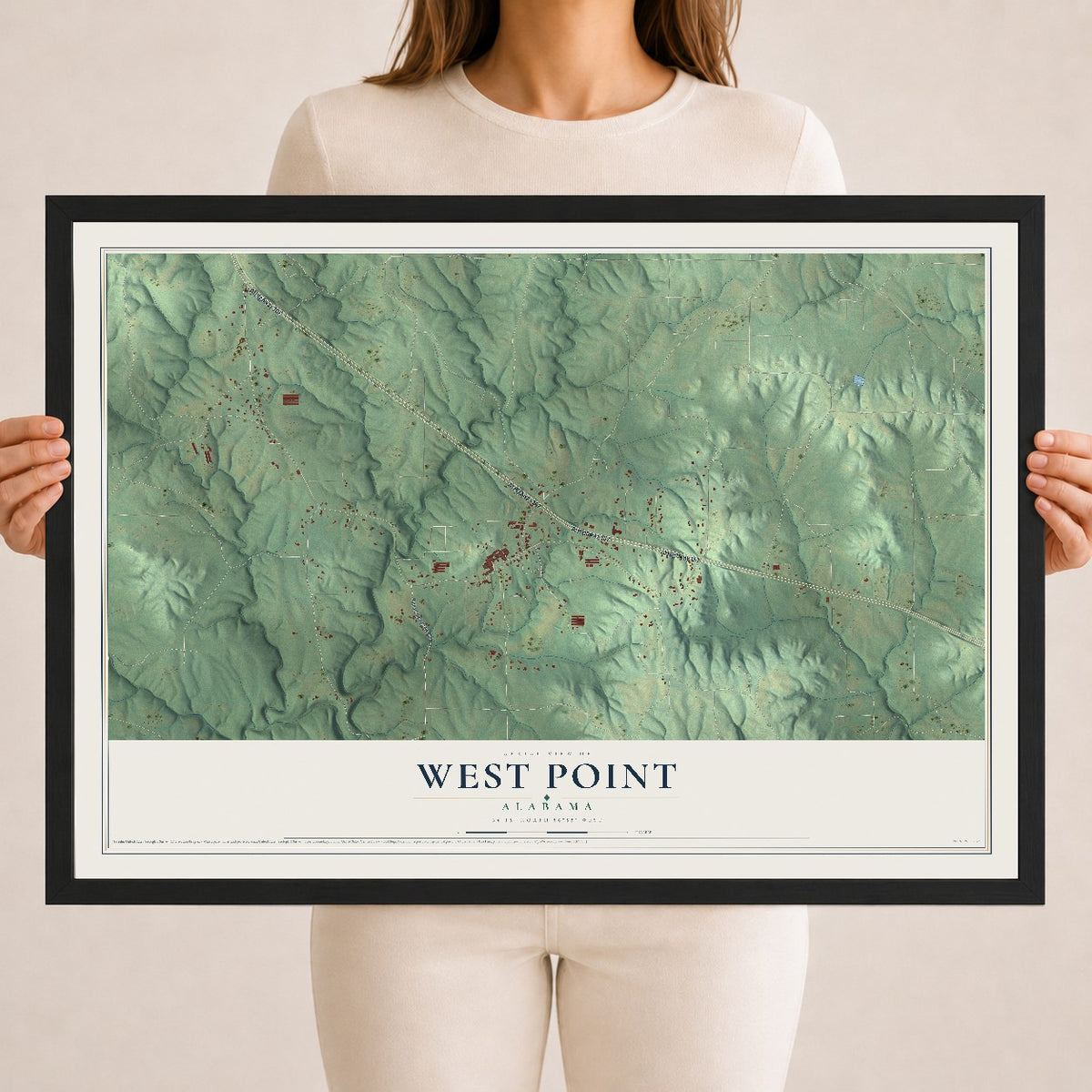 Map of West Point, Alabama, 18 x 24 inch print in a black wood frame