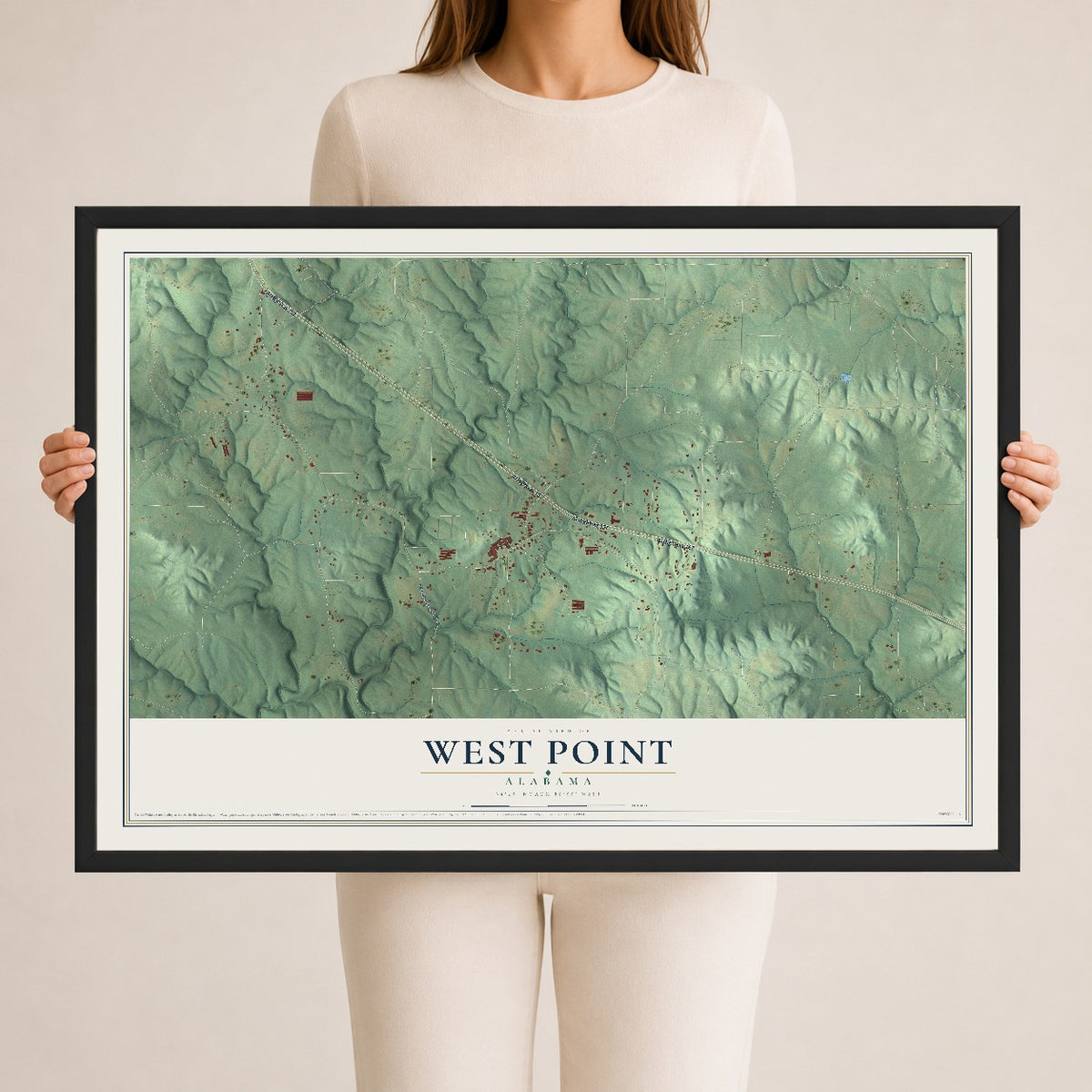 Map of West Point, Alabama, 24 x 36 inch print in a black wood frame