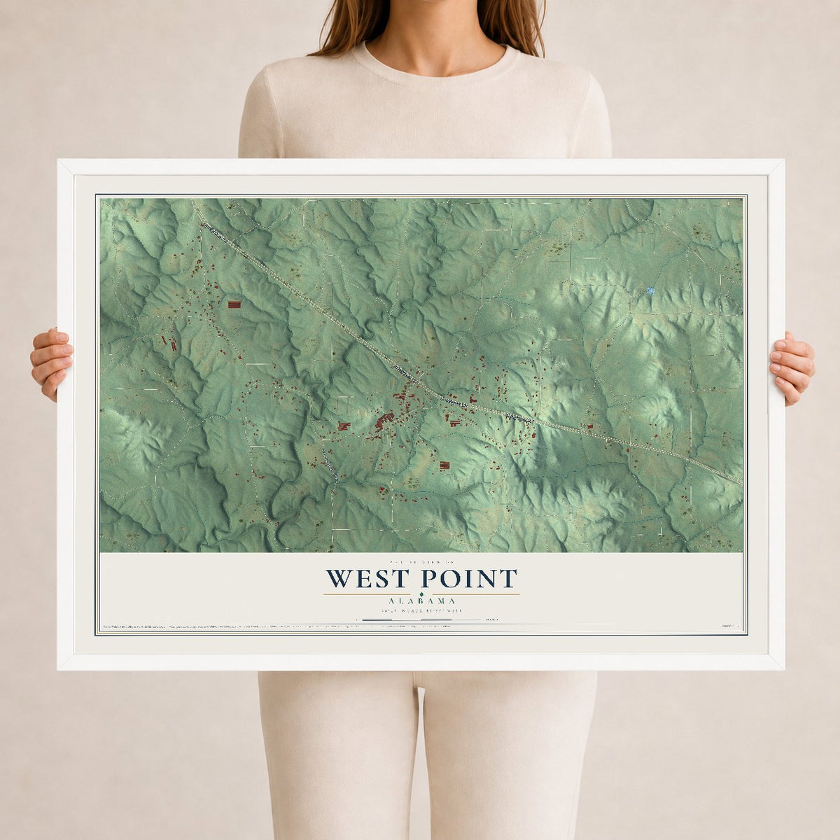 Map of West Point, Alabama, 24 x 36 inch print in a white wood frame