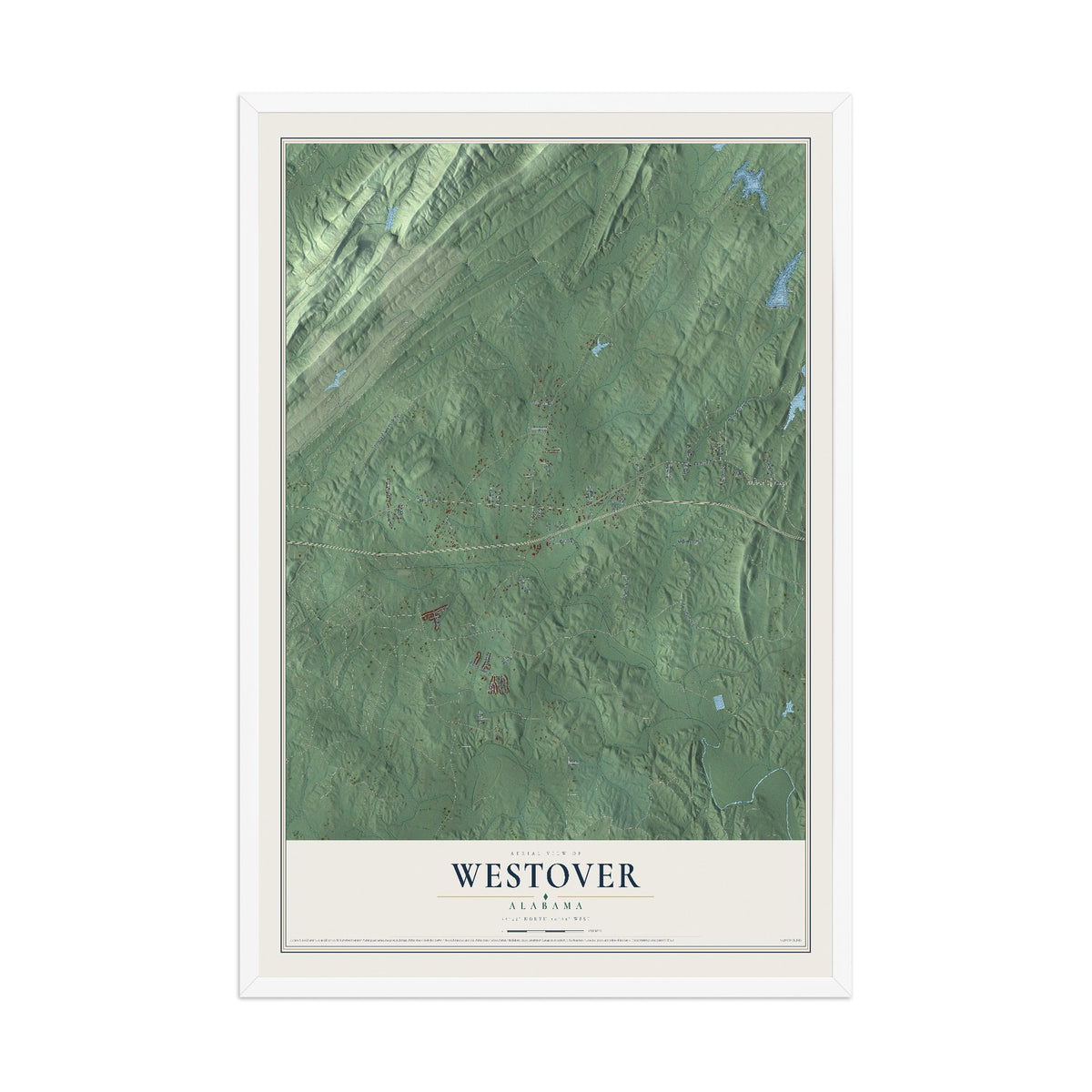 Map of Westover, Alabama, 12 x 18 inch print in a white wood frame