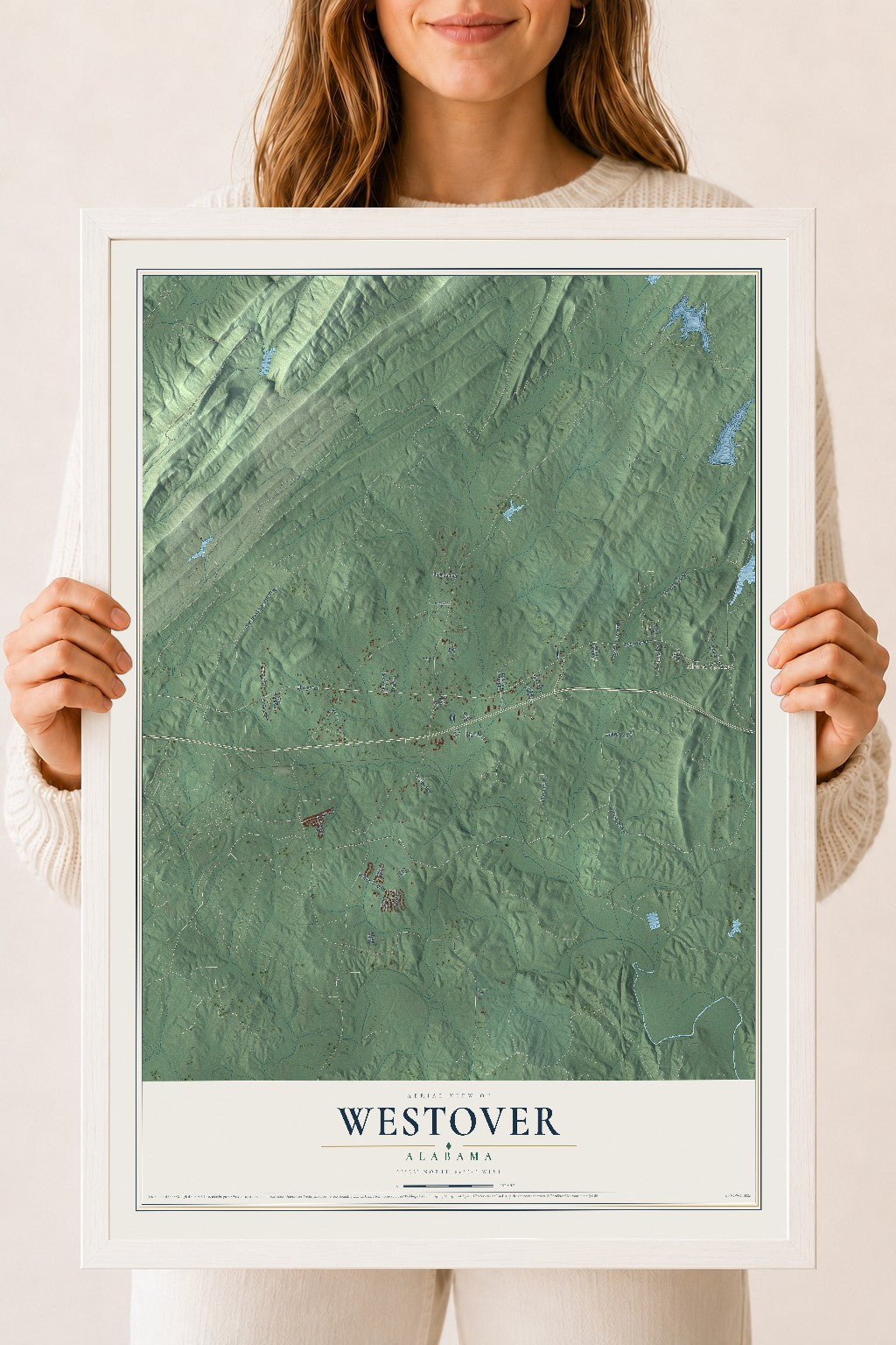 Map of Westover, Alabama, 18 x 24 inch print in a white wood frame