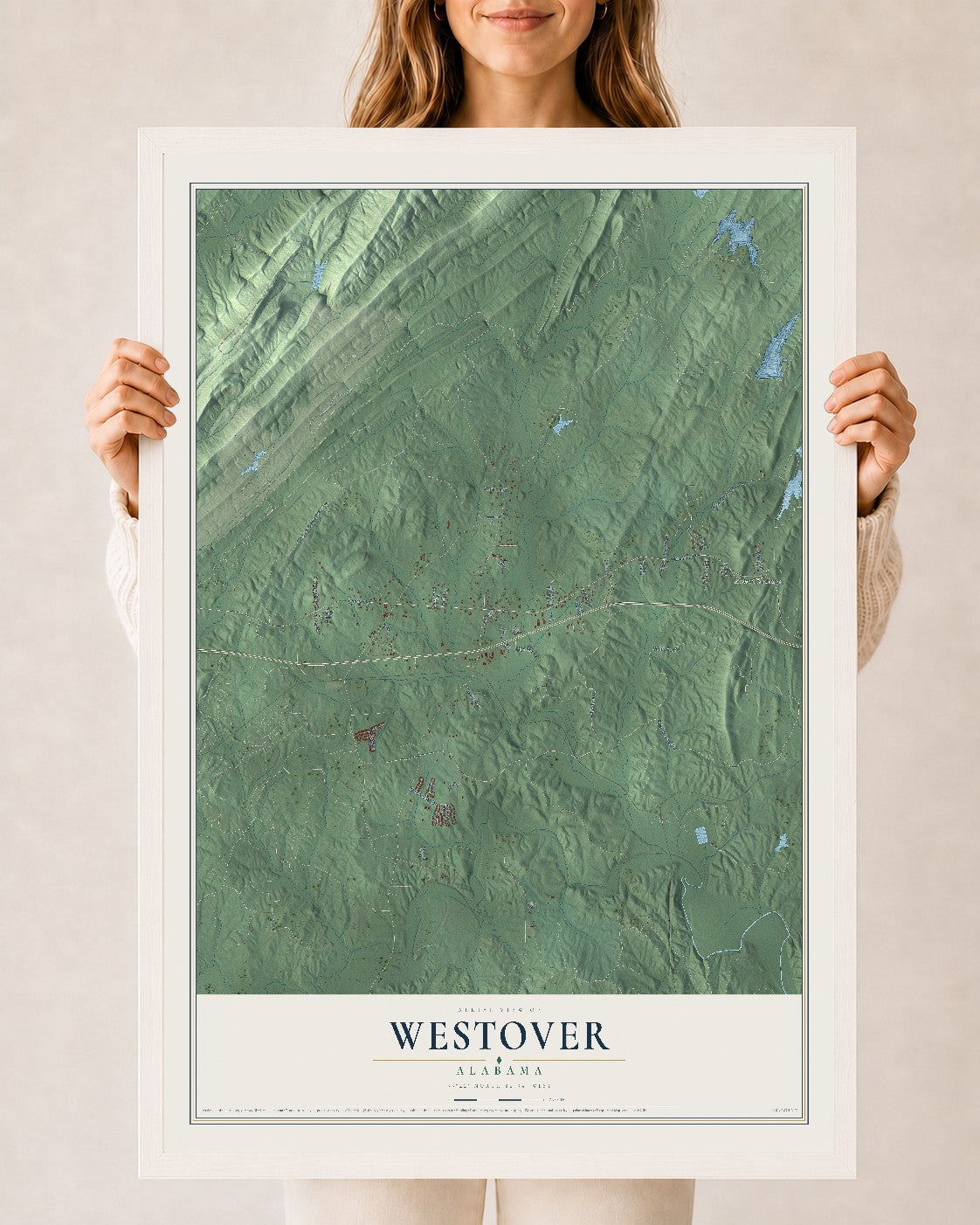 Map of Westover, Alabama, 24 x 36 inch print in a white wood frame