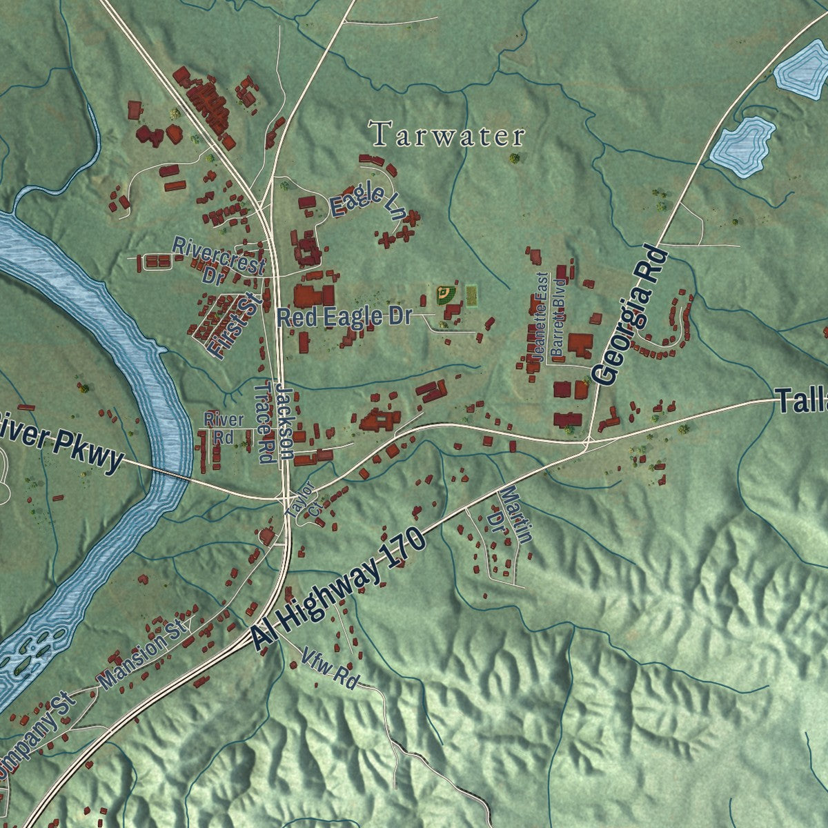 Close-up of the map of Wetumpka, Alabama print showing street and building detail