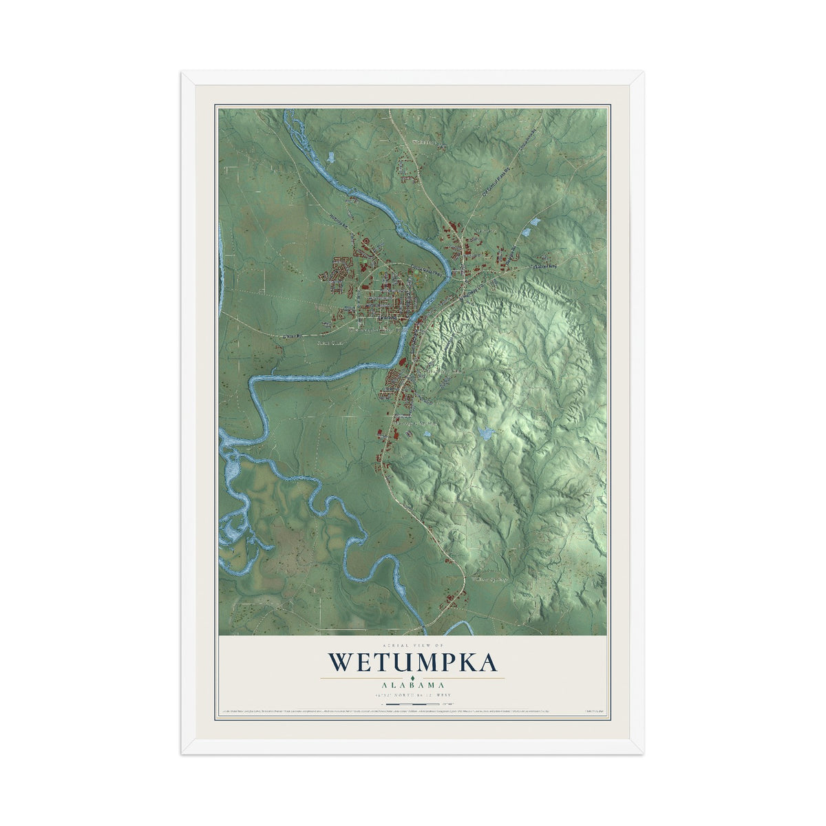 Map of Wetumpka, Alabama, 12 x 18 inch print in a white wood frame
