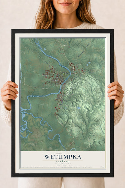 Map of Wetumpka, Alabama, 18 x 24 inch print in a black wood frame