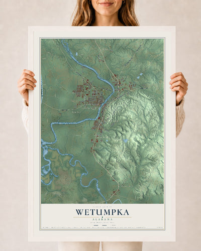 Map of Wetumpka, Alabama, 24 x 36 inch print in a white wood frame