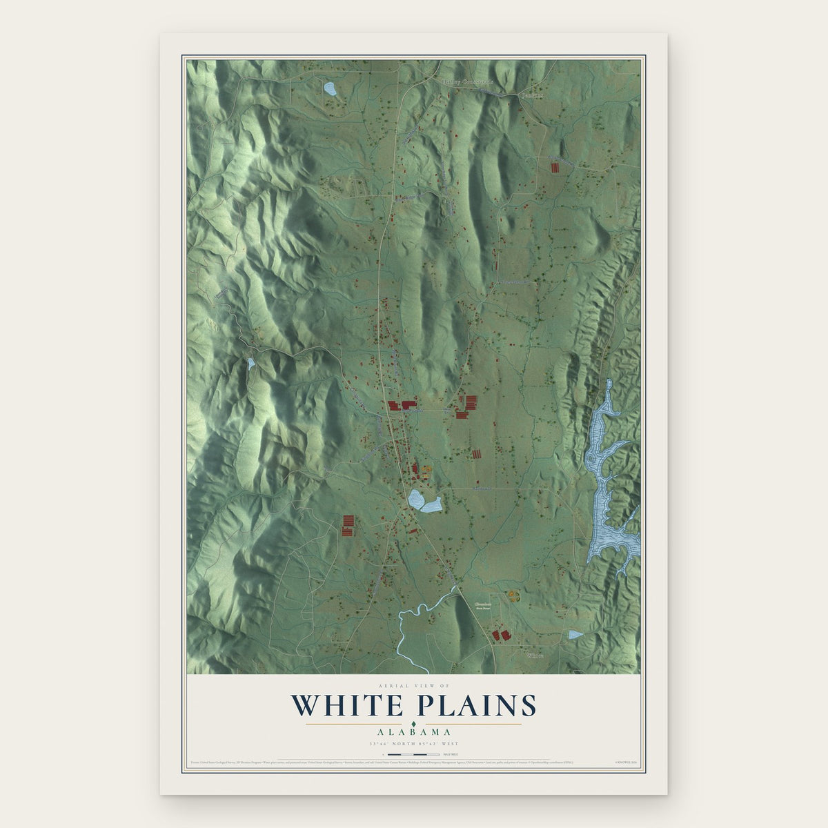 White Plains, Alabama map print, the full design