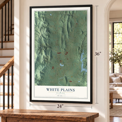 White Plains, Alabama map, 24 x 36 inch print in a black frame by a staircase