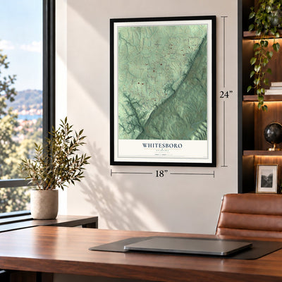 Whitesboro, Alabama map, 18 x 24 inch print in a black frame in a home office