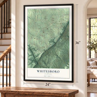 Whitesboro, Alabama map, 24 x 36 inch print in a black frame by a staircase