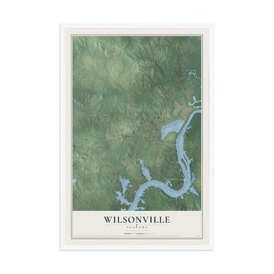 Map of Wilsonville, Alabama, 12 x 18 inch print in a white wood frame