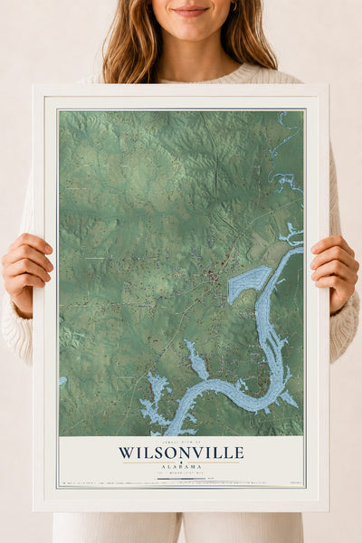 Map of Wilsonville, Alabama, 18 x 24 inch print in a white wood frame