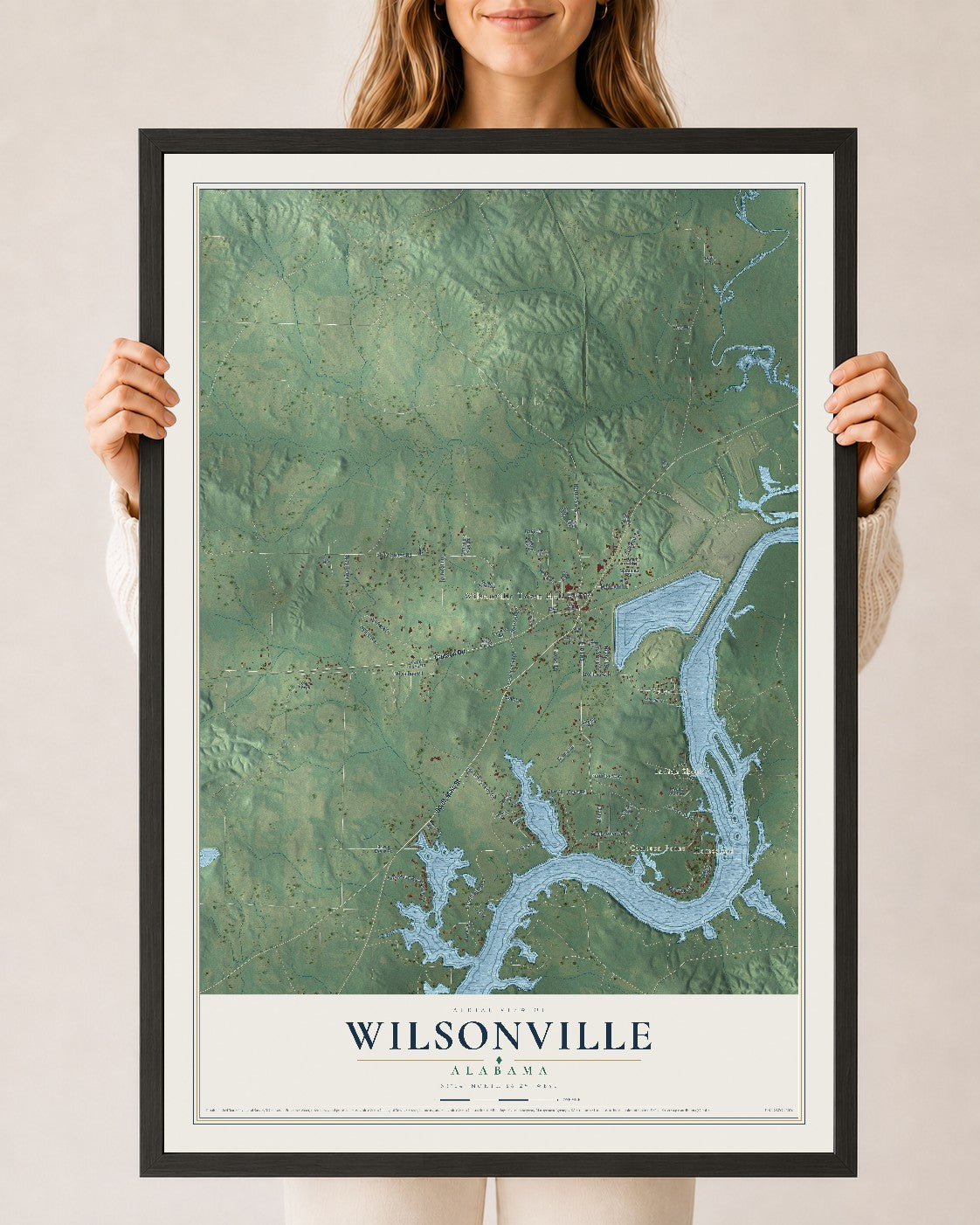 Map of Wilsonville, Alabama, 24 x 36 inch print in a black wood frame
