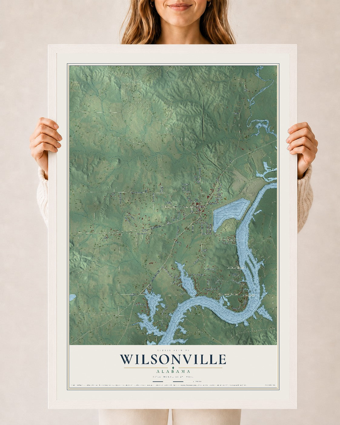 Map of Wilsonville, Alabama, 24 x 36 inch print in a white wood frame