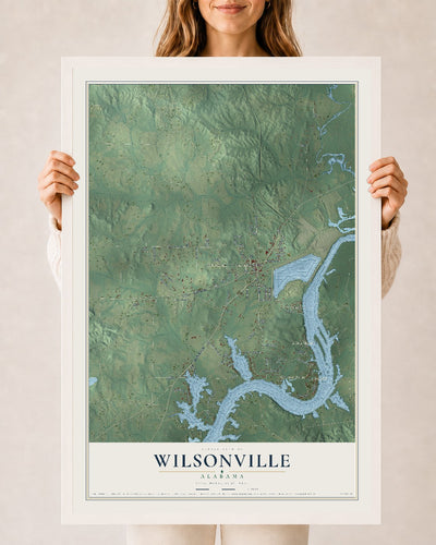 Map of Wilsonville, Alabama, 24 x 36 inch print in a white wood frame