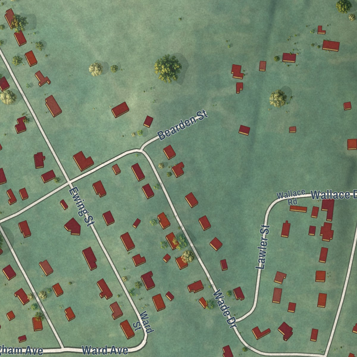 Close-up of the map of Wilton, Alabama print showing street and building detail