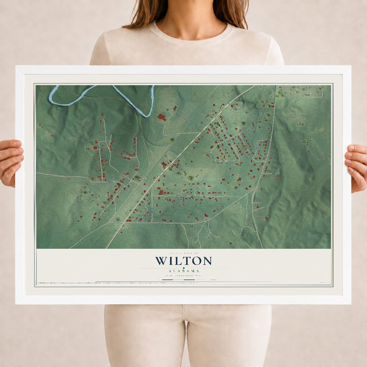 Map of Wilton, Alabama, 18 x 24 inch print in a white wood frame