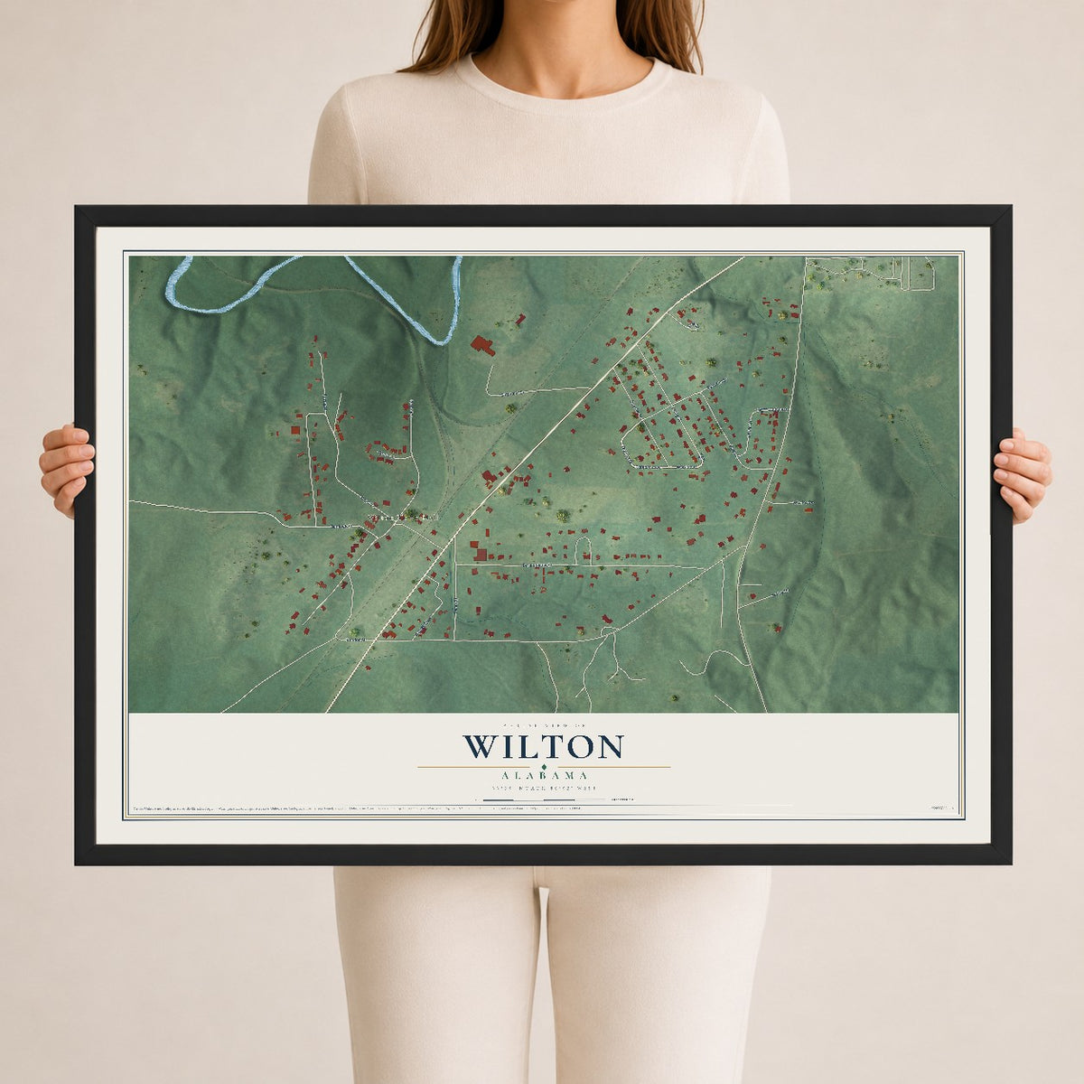 Map of Wilton, Alabama, 24 x 36 inch print in a black wood frame