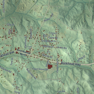 Second close-up of the map of Winfield, Alabama print showing more streets and buildings