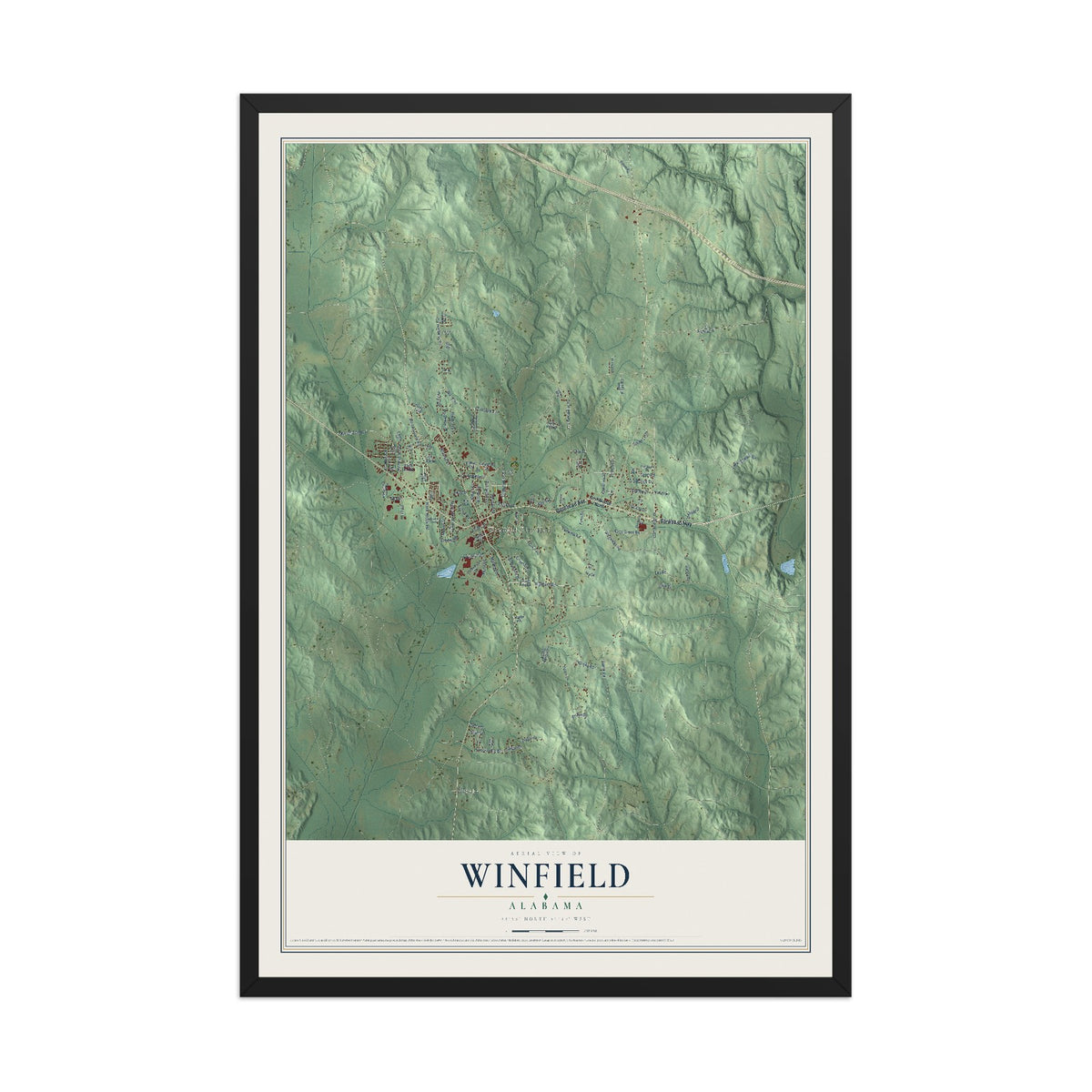 Map of Winfield, Alabama, 12 x 18 inch print in a black wood frame