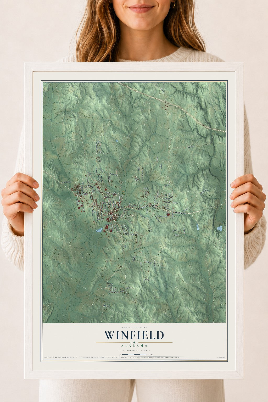 Map of Winfield, Alabama, 18 x 24 inch print in a white wood frame