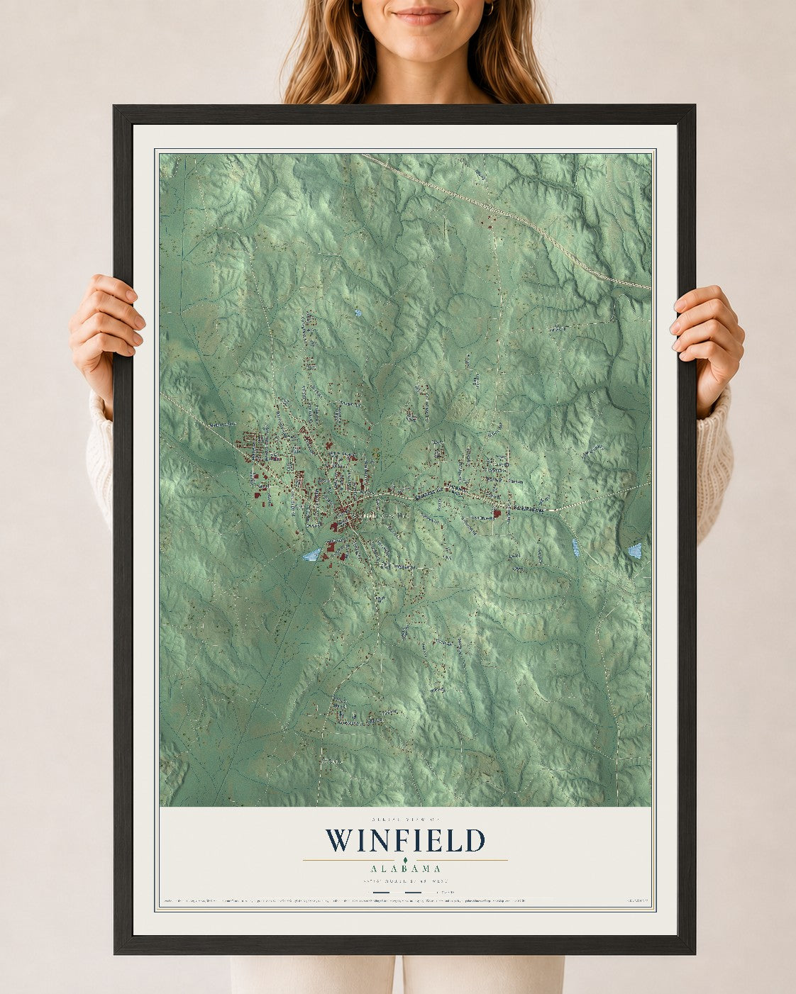 Map of Winfield, Alabama, 24 x 36 inch print in a black wood frame