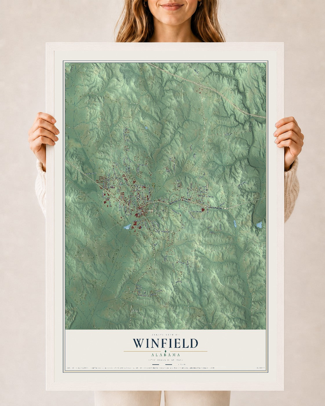 Map of Winfield, Alabama, 24 x 36 inch print in a white wood frame