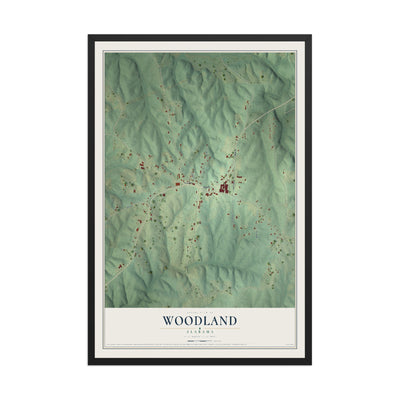 Map of Woodland, Alabama, 12 x 18 inch print in a black wood frame