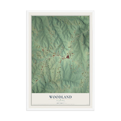 Map of Woodland, Alabama, 12 x 18 inch print in a white wood frame