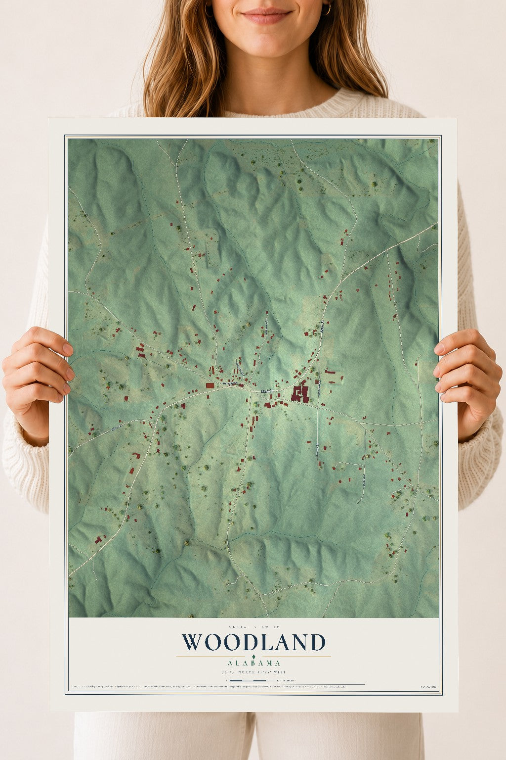 Map of Woodland, Alabama, 18 x 24 inch unframed archival matte print