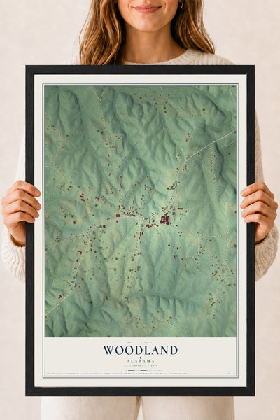 Map of Woodland, Alabama, 18 x 24 inch print in a black wood frame