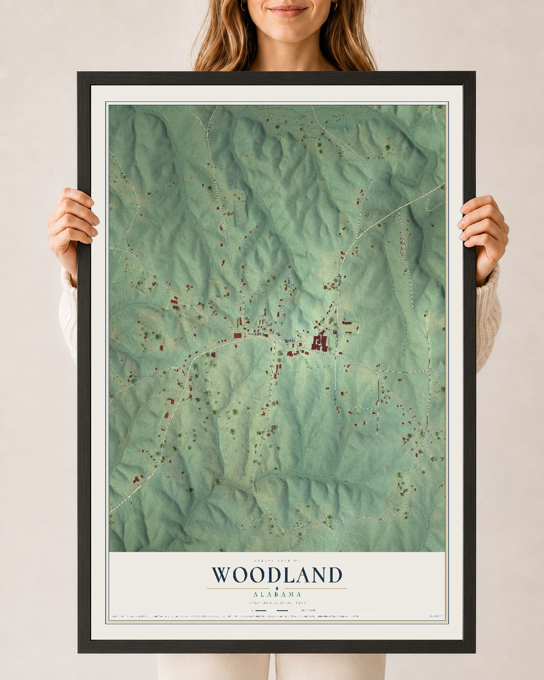 Map of Woodland, Alabama, 24 x 36 inch print in a black wood frame