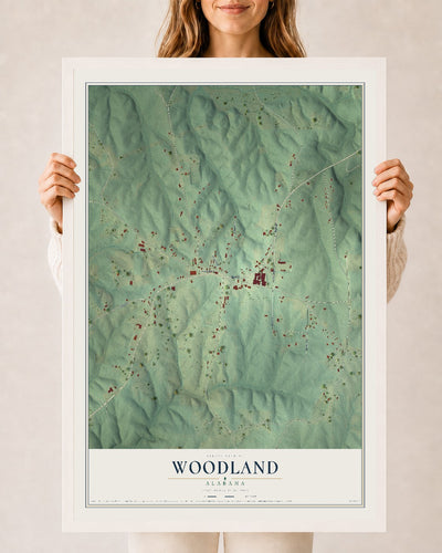 Map of Woodland, Alabama, 24 x 36 inch print in a white wood frame