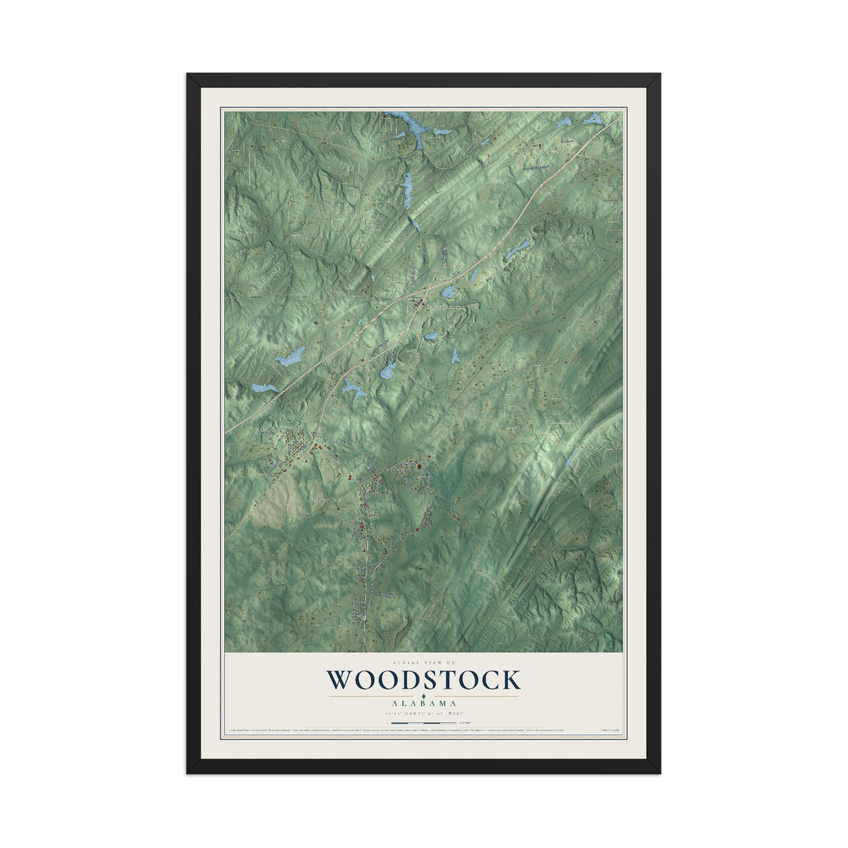 Map of Woodstock, Alabama, 12 x 18 inch print in a black wood frame