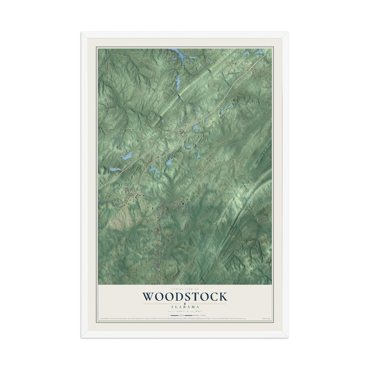 Map of Woodstock, Alabama, 12 x 18 inch print in a white wood frame